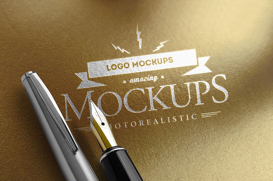 金色背景图带钢笔元素logo样机模板