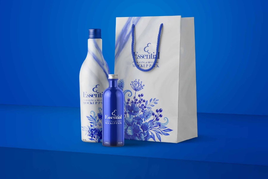 酒瓶和手提袋包装设计mockups素材ps样机