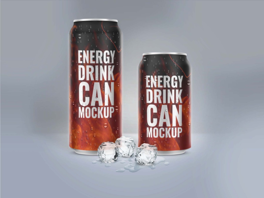 冰塊場(chǎng)景中的罐裝飲料ps樣機(jī)模板