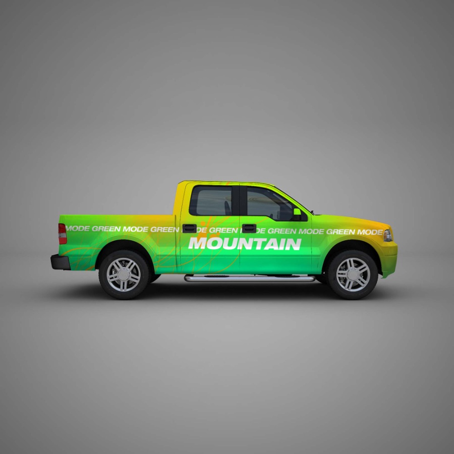 绿色厢式货车ps样机模型，智能素材模版下载