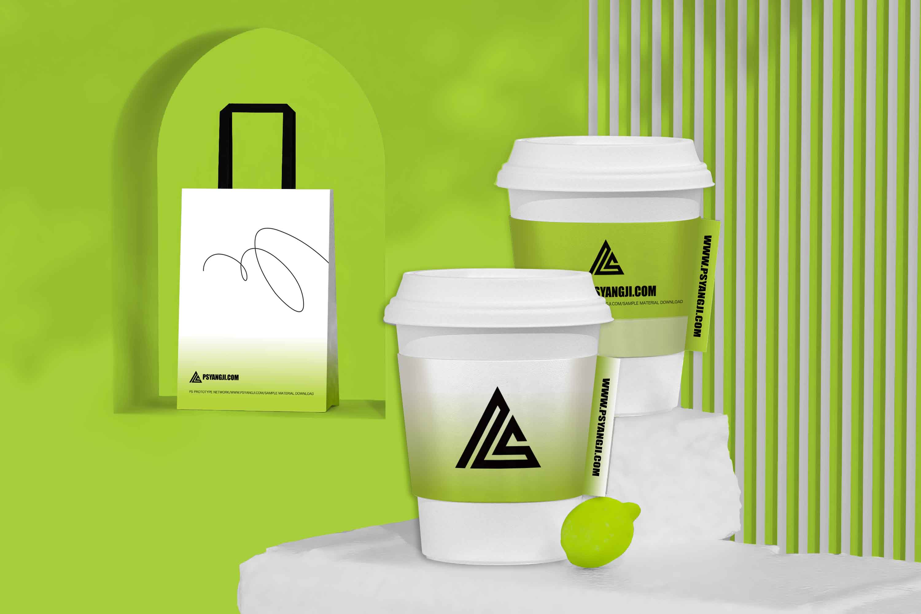 20款潮酷奶茶品牌VI设计样机，手提袋、奶茶杯、文件袋、名片、信封、画册、胶带等PSD贴图