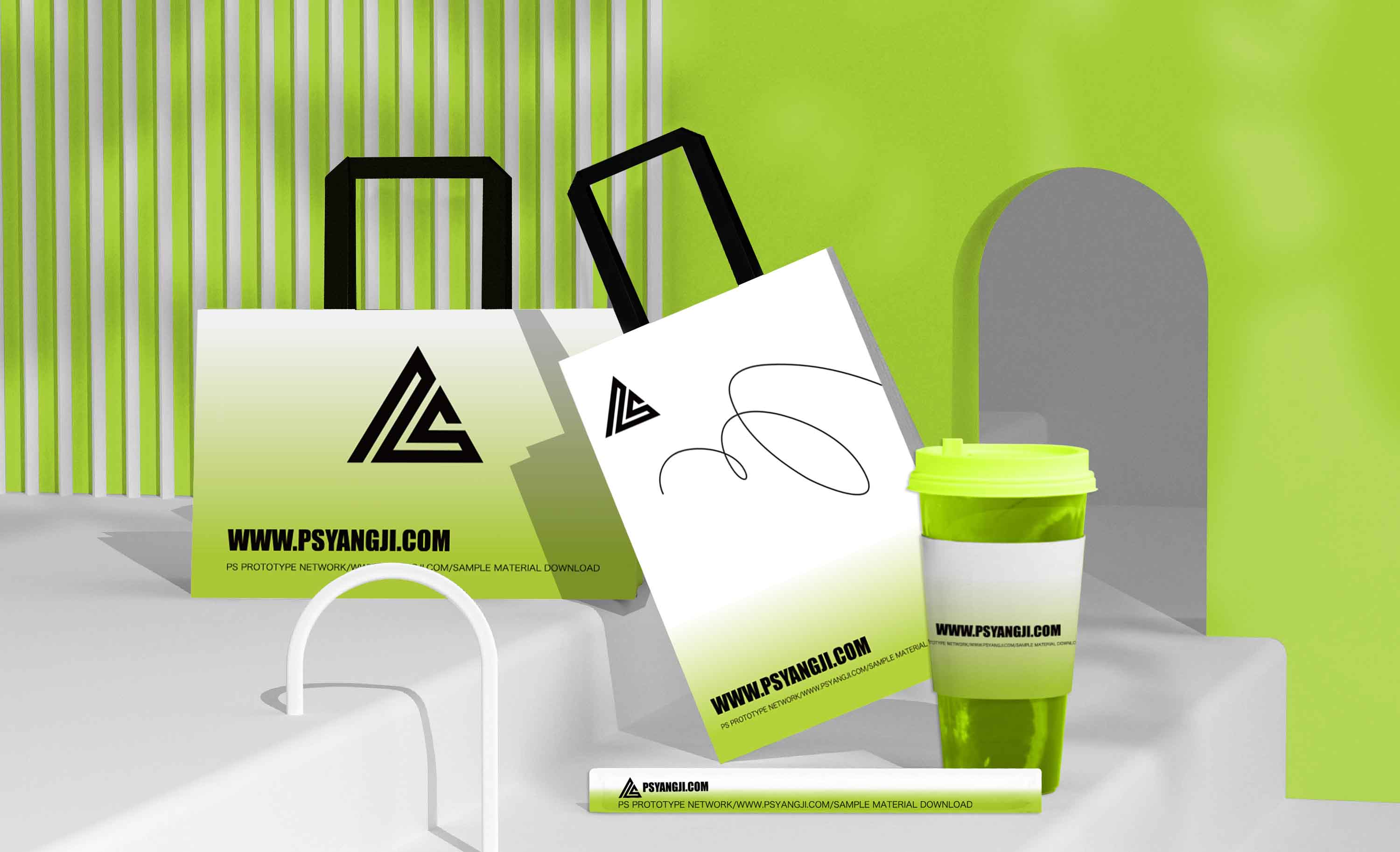 20款潮酷奶茶品牌VI设计样机，手提袋、奶茶杯、文件袋、名片、信封、画册、胶带等PSD贴图