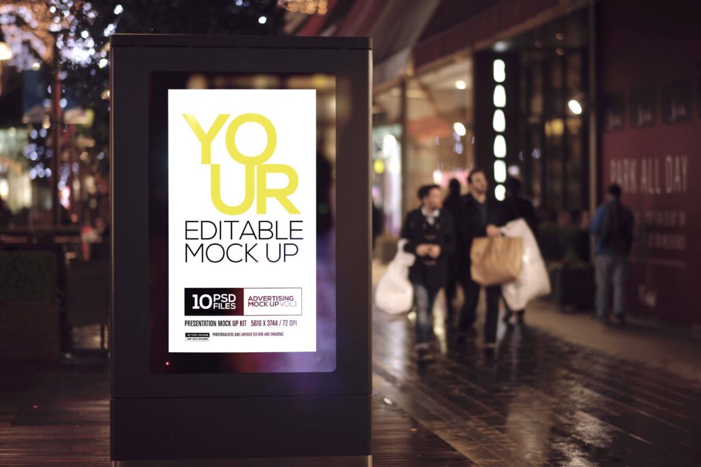 夜晚发光广告位ps样机