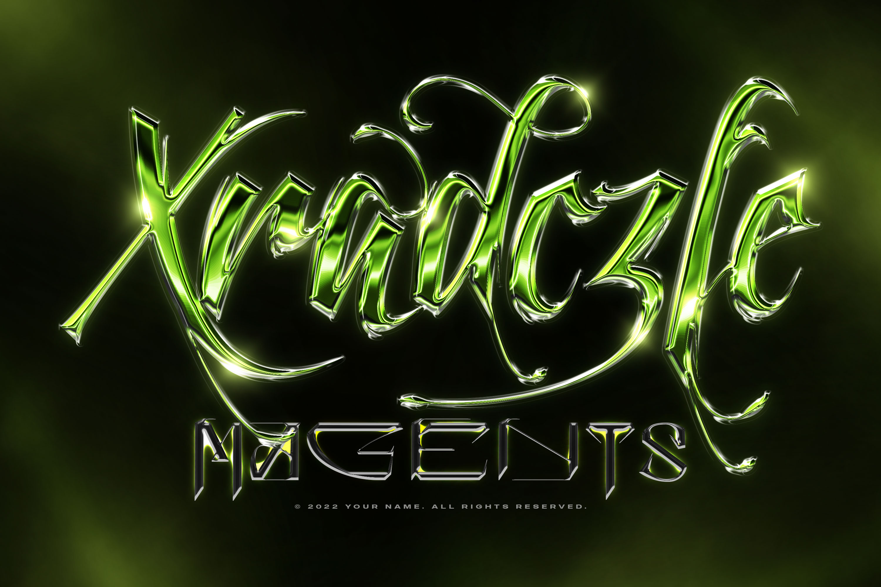 賽博朋克風(fēng)格字體特效，有點(diǎn)哥特風(fēng)，是當(dāng)下潮流的代表素材，酸性金屬質(zhì)感的立體字特效PS樣機(jī)素材